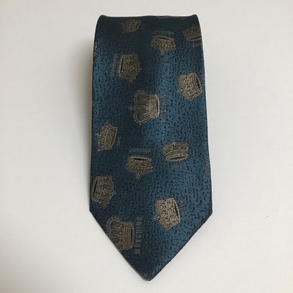 Moschino Tie Crowns 100% Silk Aqua Baron Viscount Marquess Duke Earl Vintage - Picture 13 of 15
